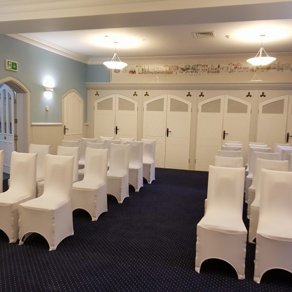 Rear of ground floor function room set up for wedding